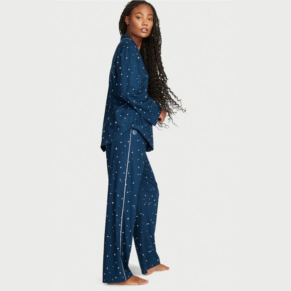 VICTORIA'S SECRET Flannel Long Pajama Set - Blue w/ Stars - XXL - Picture 2 of 6